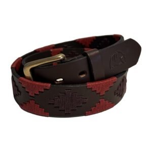 Argentine polo belt in brown leather with light and dark burgundy embroidery – Mulita