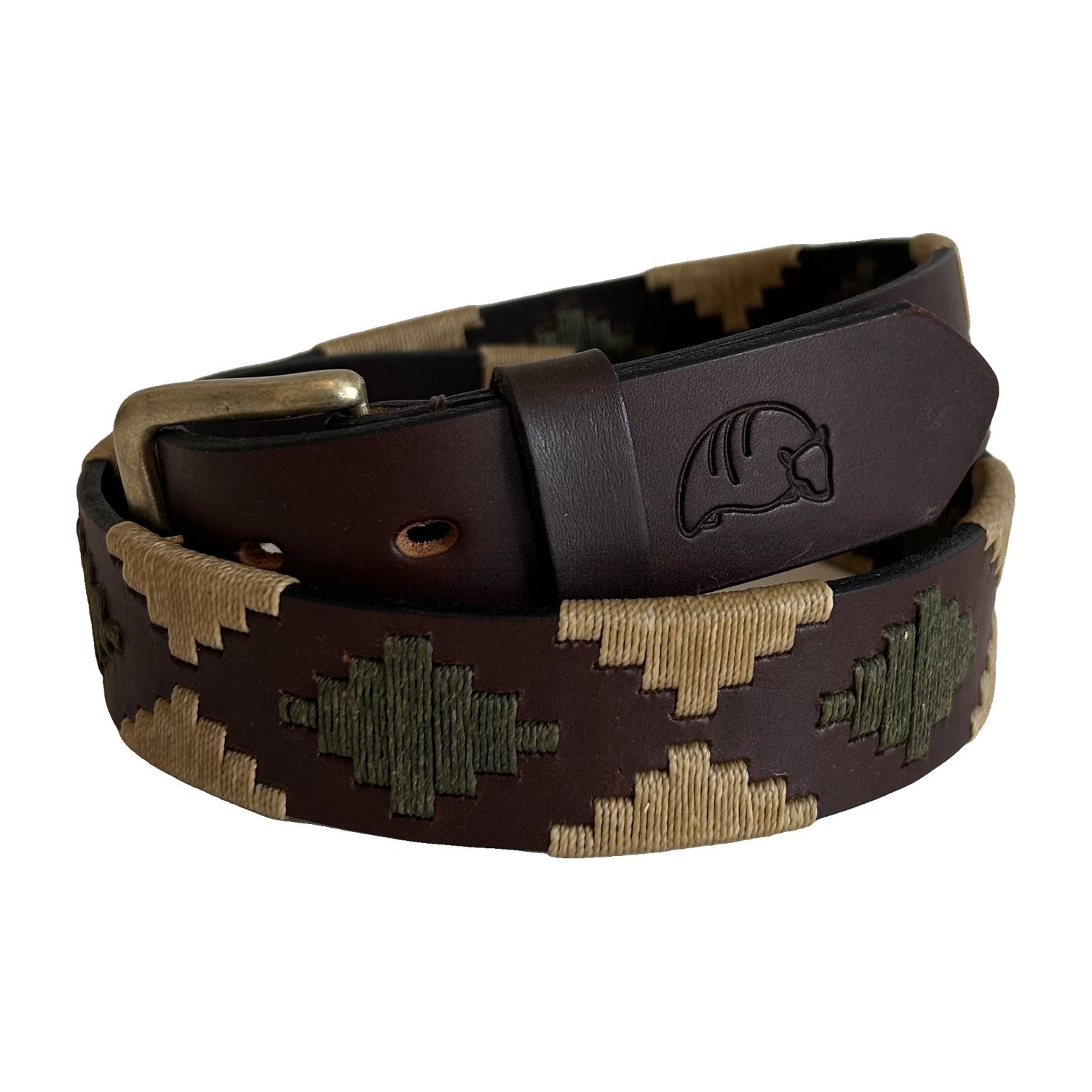 cinturon-cuero-bordado-verde-beige-mulita Argentine polo belt in brown leather with green and beige embroidery – Mulita